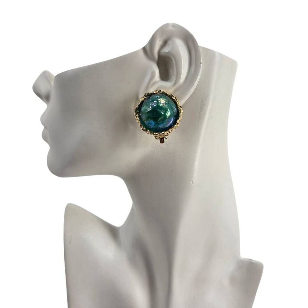 Vintage 1960s Iridescent Blue Green Cabochon Clip-On Earrings 1.12”